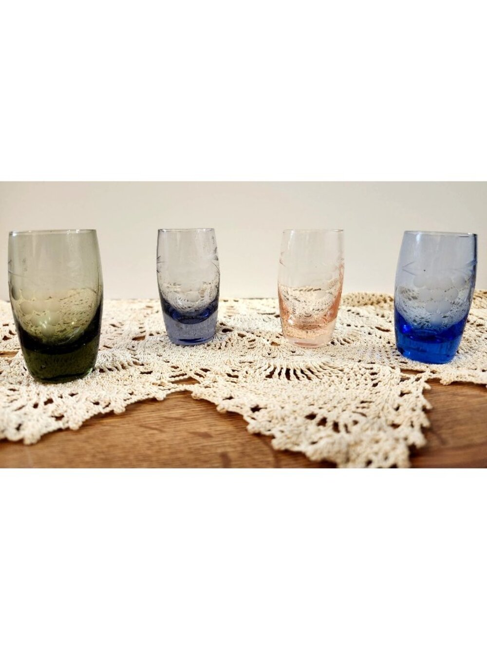 4- Mid-Century 1950's Blown Glass Colored Etched Grape Pattern
